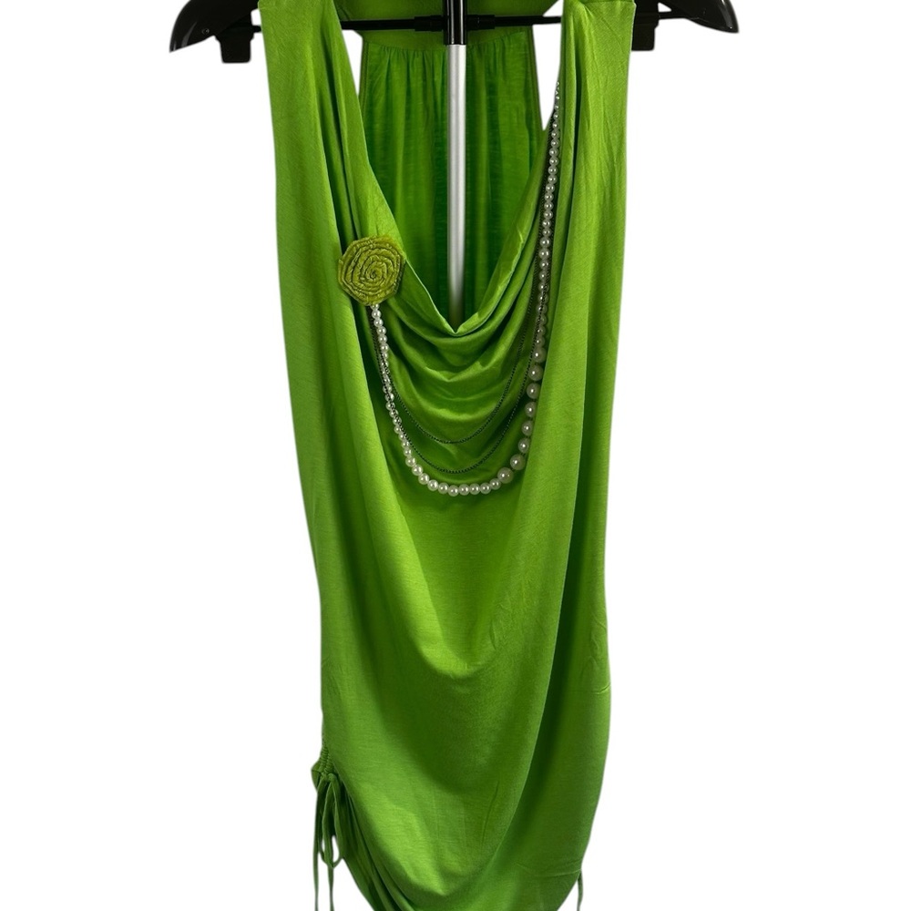 Lime Green Y2K Glam Cowl Neck Halter Tunic Top with Pearl Detail